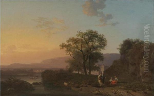 An Italianate River Landscape At Sunset With Shepherdesses Resting In The Foreground Oil Painting by Jacques Antoine Vallin