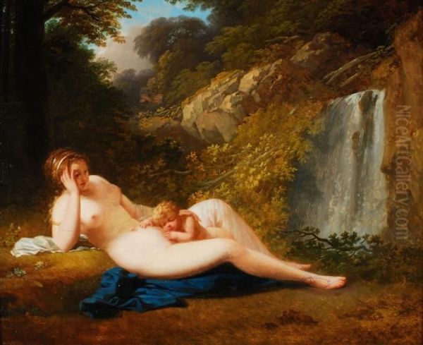 Venus Und Amor Vor Wasserfall Oil Painting by Jacques Antoine Vallin