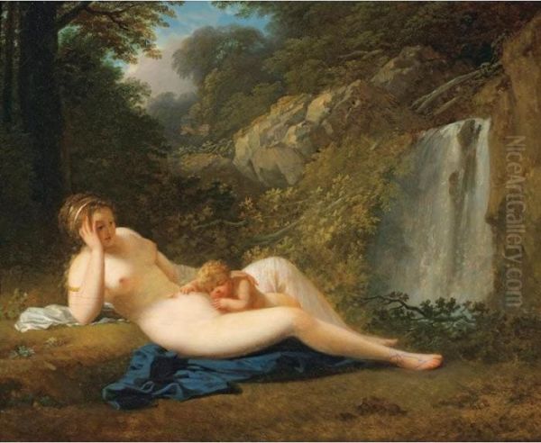 Nymphe Allongee Dans Un Paysage [
 ; Reclining Nymph With A Sleeping Child In A Wood ; Oil On Canvas] Oil Painting by Jacques Antoine Vallin