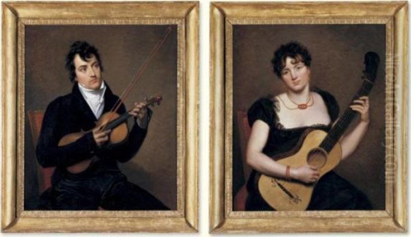 A Young Lady With A Guitar; A Young Man With A Violin, Possibly Pierre Rode Oil Painting by Jacques Antoine Vallin