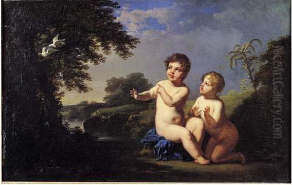 Deux Jeunes Enfants Regardant Un Couple De Colombes Oil Painting by Jacques Antoine Vallin