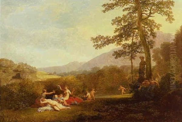 Nymphs And Fauns In A Landscape With A Statue Of Pan Oil Painting by Jacques Antoine Vallin