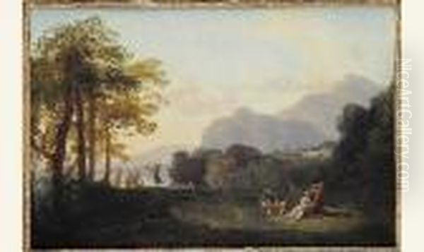 Bacchantes Dans Un Paysage Lacustre Panneau De Noyer Prepare, Une Planche, Renforce Oil Painting by Jacques Antoine Vallin