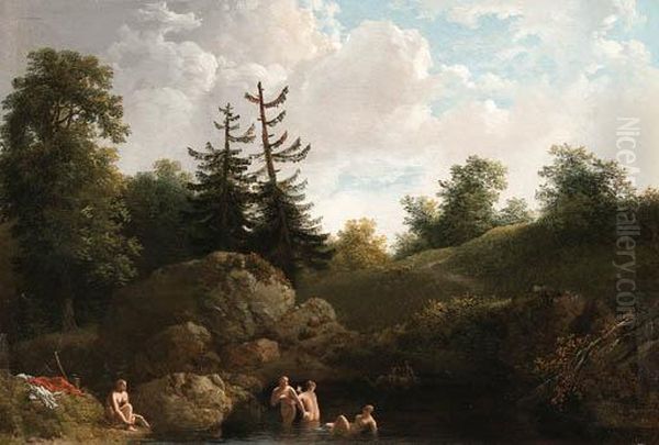 A River Landscape With Bathers Oil Painting by Jacques Antoine Vallin