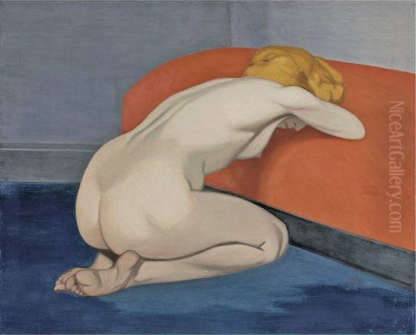 Femme Nue Agenouillee Devant Un Canape Rouge Oil Painting by Felix Edouard Vallotton