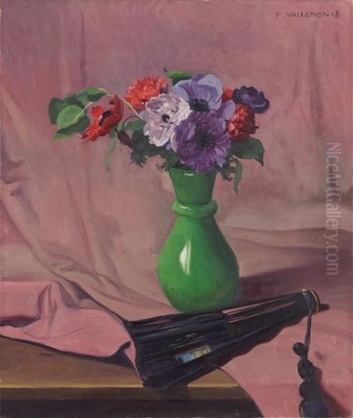 Bouquetd'anemones Et Eventail - Anemones Et Pot Vert Oil Painting by Felix Edouard Vallotton