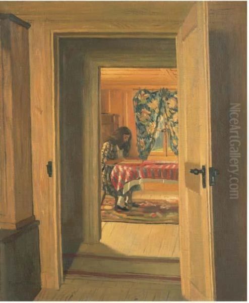 Interieur, Jeune Fille Ecrivant Oil Painting by Felix Edouard Vallotton