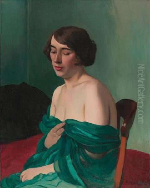 Jeune Femme A L'echarpe Verte Oil Painting by Felix Edouard Vallotton