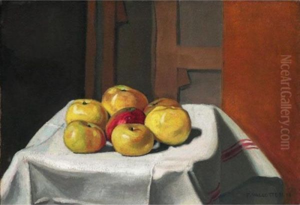 Sept Pommes Jaunes Sur Une Serviette Oil Painting by Felix Edouard Vallotton