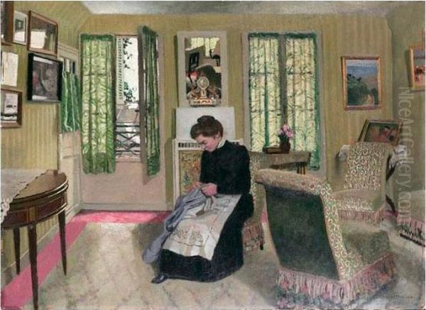 Chambre Gris-vert Avec Femme En Noir Cousant Oil Painting by Felix Edouard Vallotton