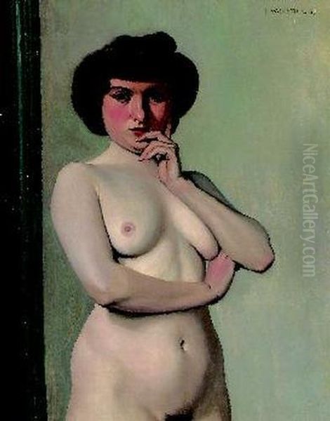 Torse De Femme Nue Sur Fond Paravent Bleu. Oil Painting by Felix Edouard Vallotton