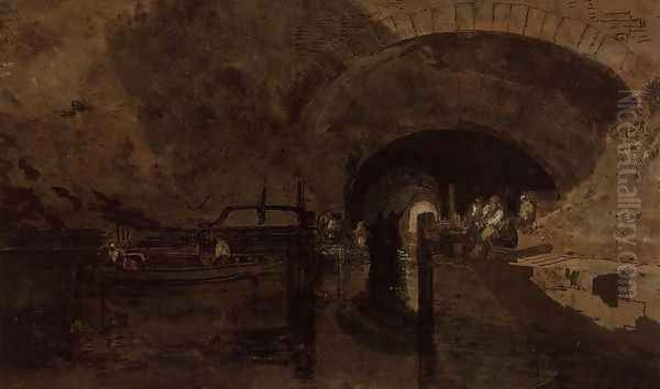 Men and barges at tunnel entrance Oil Painting by Joseph Mallord William Turner