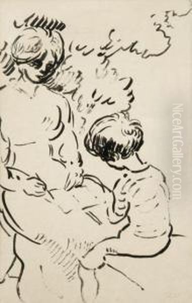 Mere Et Enfant Dans Un Jardin Ou La Lecon De Dessin by Louis Valtat