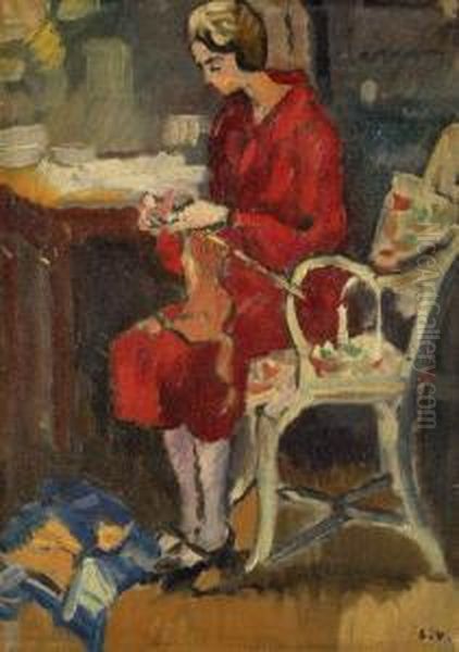 Madame Valtat Tricotant Oil Painting by Louis Valtat