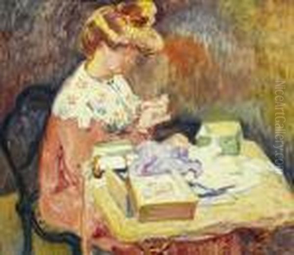 Madame Valtat Cousant Oil Painting by Louis Valtat