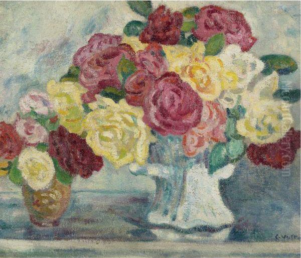 Bouquets De Roses Sur Fond Bleu Oil Painting by Louis Valtat