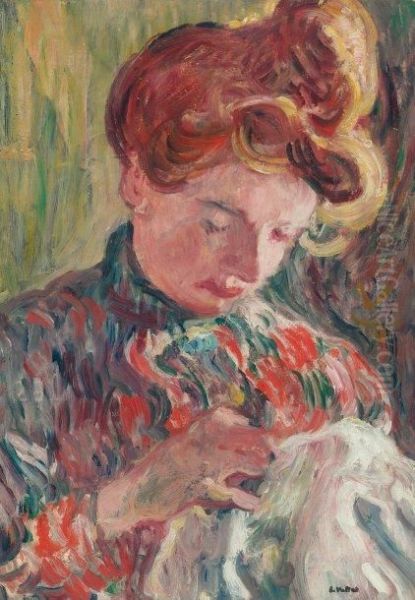 Madame Valtat Cousant Oil Painting by Louis Valtat