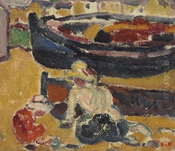 Femme Et Enfant Jouant Devant Les Barques Oil Painting by Louis Valtat