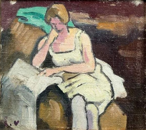 Femme Assise Lisant
 Huile Sur Toile Marouflee Sur Panneau, Signee Des Initiales En Bas A Gauche Oil Painting by Louis Valtat