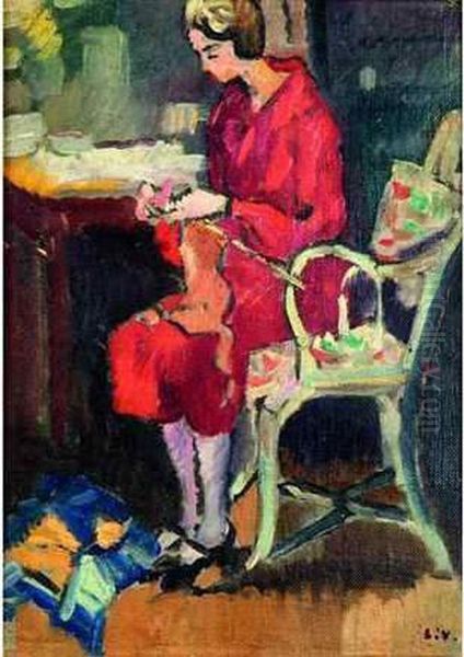 Madame Valtat Tricotant Oil Painting by Louis Valtat