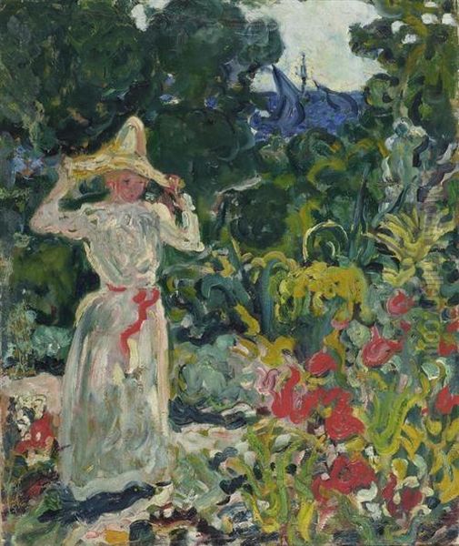 Layd With A White Hat In The Garden. Oil Painting by Louis Valtat