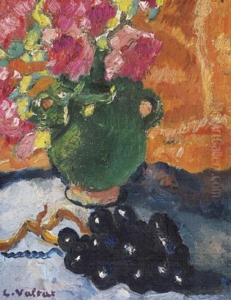 Pot Vert, Fleurs Roses Et Raisins Oil Painting by Louis Valtat