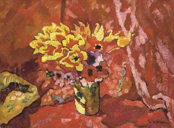 Bouquet Dans Un Vase Sur Fond Rouge by Louis Valtat