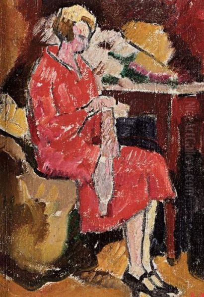 Femme En Rouge Reprisant Oil Painting by Louis Valtat