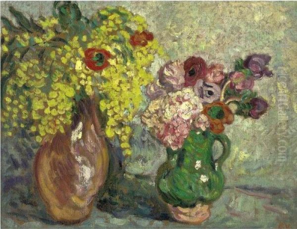 Mimosa Et Anemones Au Pichet Vert Oil Painting by Louis Valtat