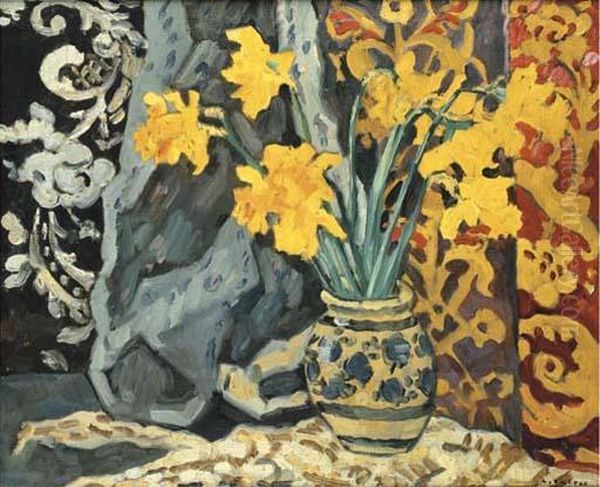 Bouquet De Jonquilles Devant Une Tapisserie Oil Painting by Louis Valtat