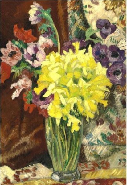 Anemones Et Jonquilles Au Vase De Cristal Oil Painting by Louis Valtat