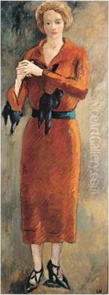 Femme En Rouge (portrait De Mme Valtat Debout, Mains Jointes A Droite) Oil Painting by Louis Valtat