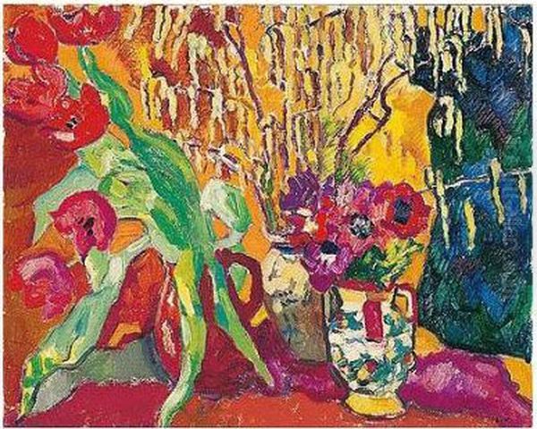 Vase Tulipes Et Vase Anemones Oil Painting by Louis Valtat