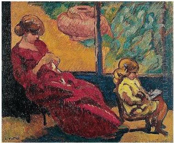 Madame Valtat Cousant Et Son Fils Jean Oil Painting by Louis Valtat