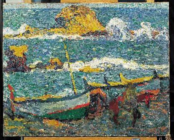 Barques Sur La Greve. Huile Sur Toile Porte Le Cachet De La Signature En Bas A Gauche Oil Painting by Louis Valtat