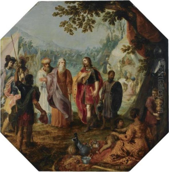 Moses, Pinehas And Eleazar 
Meeting Officers Of The Army, A Seatedwoman With Two Young Children In 
The Foreground, Surrounded Byjewellery And Other Precious Materials, A 
View Of The Army Campbeyond Oil Painting by Hendrik van Balen