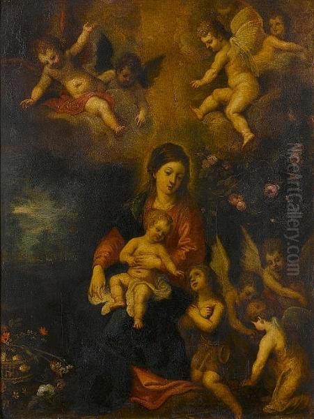 The Virgin, And Child With The 
Infant Saint John The Baptist Surrounded By Angels In A Landscape Oil Painting by Hendrik van Balen