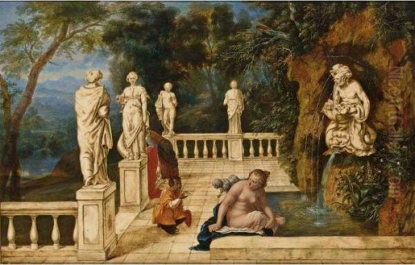 Bathsheba Receiving A Letter 
Announcing The Death Of Her Husband Uriah's Death, In An Architectural 
Capriccio With A Sculpted Fountain And A Distant Landscape Oil Painting by Hendrik van Balen