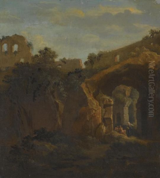 The Interior Of The Colosseum With Figures Resting Under An Archway Oil Painting by Jan Frans Van Bloemen (Orizzonte)