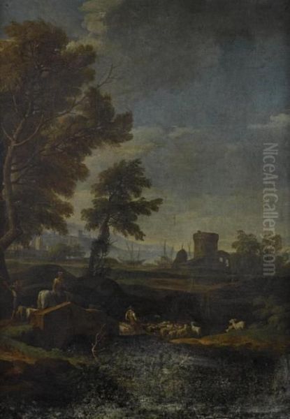 A Figure On A Country Path 
Before A Mountainous Landscape; And Drovers Grazing Their Cattle, A 
Coastal Landscape Beyond Oil Painting by Jan Frans Van Bloemen (Orizzonte)