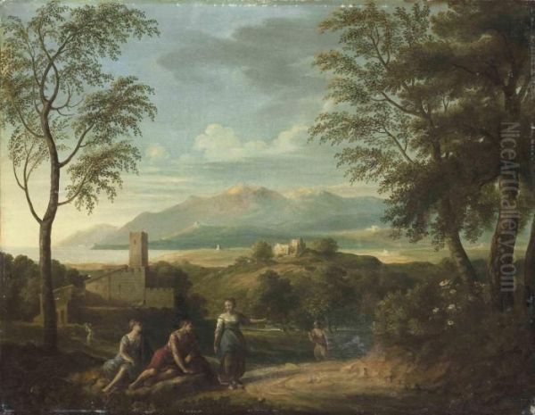 A Classical Coastal Landscape With Figures Resting In Theforeground, Mountains Beyond Oil Painting by Jan Frans Van Bloemen (Orizzonte)