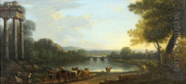 Pastoral River Landscape With Figures By Ruins At Sunset by Jan Frans Van Bloemen (Orizzonte)