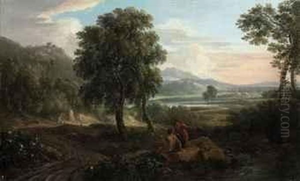 A Wooded River Landscape, With 
Figures And Sheep On A Track, Afortified Town And Mountains Beyond Oil Painting by Jan Frans Van Bloemen (Orizzonte)