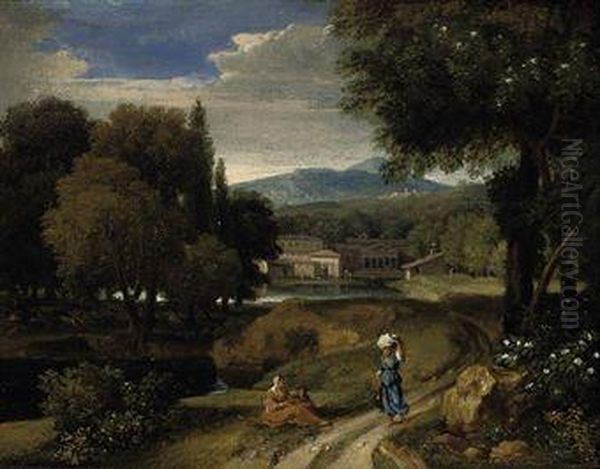 A Wooded River Landscape With Figures On A Track, Classicalbuildings Beyond Oil Painting by Jan Frans Van Bloemen (Orizzonte)