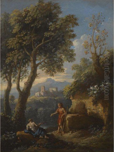 A View Of The Roman Campagna With Two Figures Conversing On A Path,a Settlement Beyond Oil Painting by Jan Frans Van Bloemen (Orizzonte)