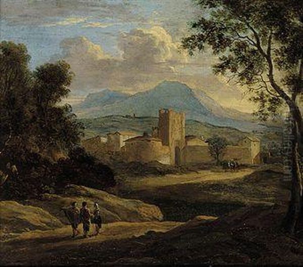 A Classical Italianate River Landscape With Figures Conversing On Atrack Oil Painting by Jan Frans Van Bloemen (Orizzonte)