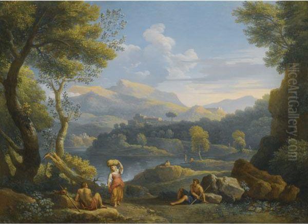 An Italianate River Landscape 
With Figures Resting In Theforeground And Hilltop Towns Beyond Oil Painting by Jan Frans Van Bloemen (Orizzonte)