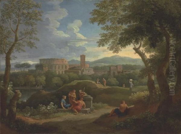 A Capriccio In The Roman Campagna With Classical Figures Oil Painting by Jan Frans Van Bloemen (Orizzonte)