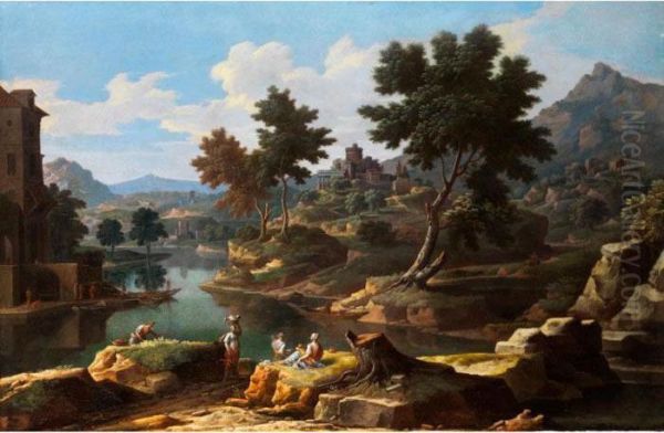 Italienische Landschaft Mitwascherinnen, Fischern Und Burg Oil Painting by Jan Frans Van Bloemen (Orizzonte)