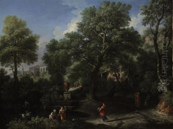 An Arcadian Landscape With Figures, A Classical Temple Beyond Oil Painting by Jan Frans Van Bloemen (Orizzonte)